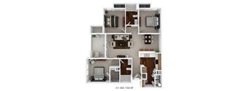 a stylized 3d floor plan of a 2100 sq ft apartment