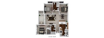 A floor plan of a two-bedroom apartment with a living room, kitchen, and bathroom.