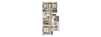 A floor plan of a house with a kitchen, living room, and bathrooms.