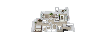 A 3D floor plan of a house with multiple rooms and furniture.