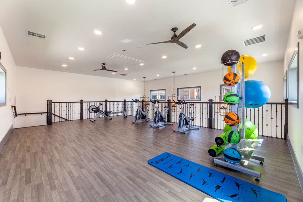 A gym with a blue mat on the floor and a variety of exercise equipment.