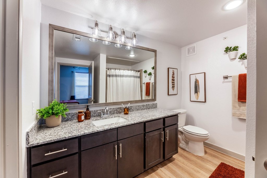 A bathroom with a large mirror, a sink, and a toilet.