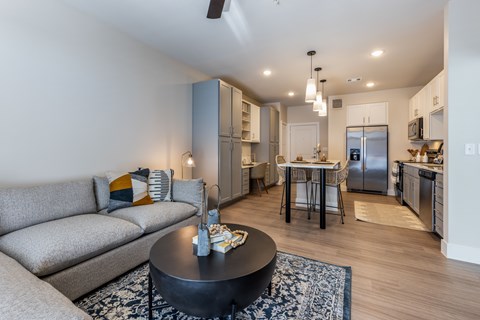 A modern living room with a grey couch and a black coffee table.