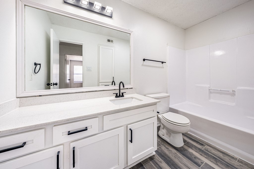 a bathroom with a large mirror and a toilet and a sink