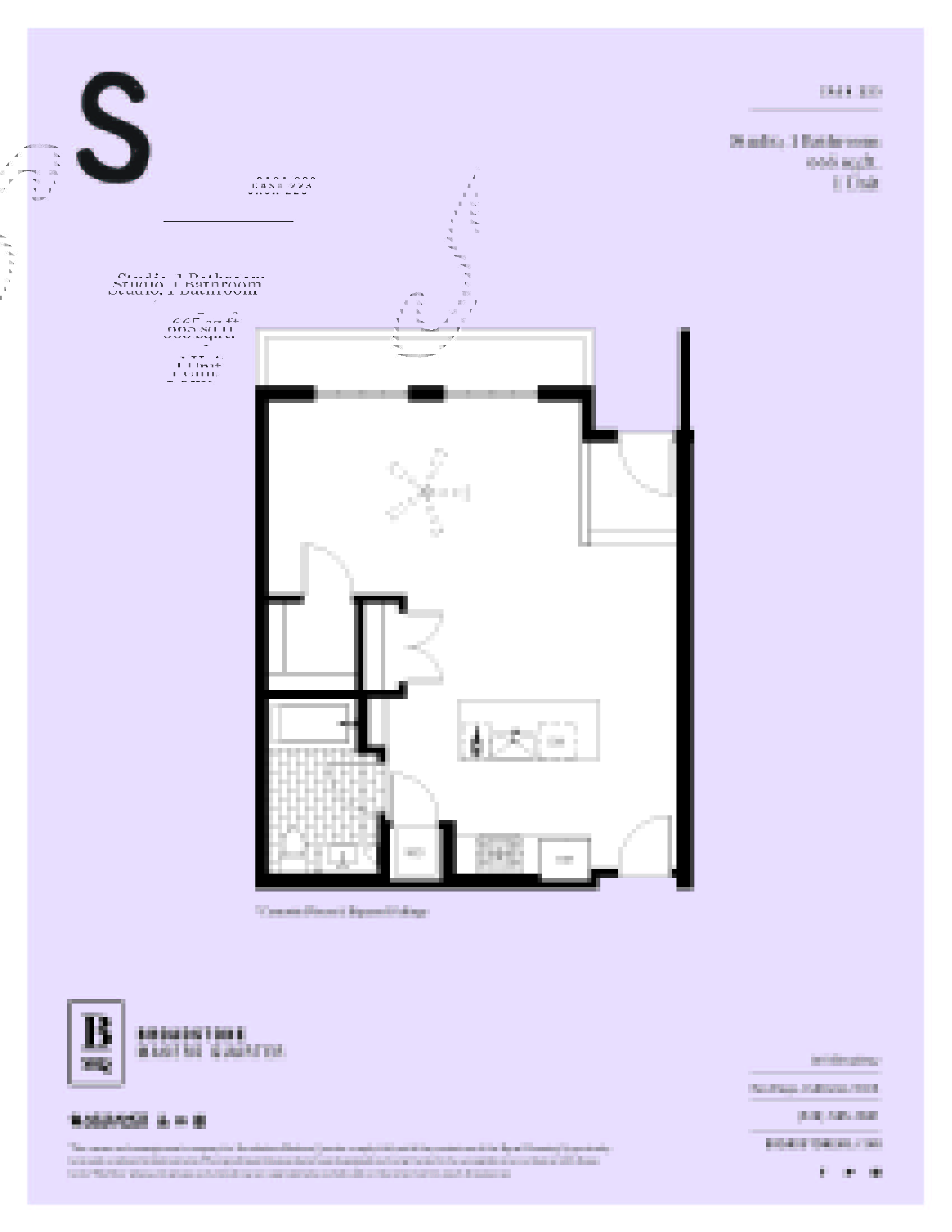 A floor plan for a studio apartment is displayed on a purple background.
