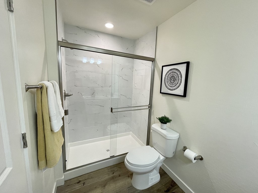 a small bathroom with a shower and a toilet