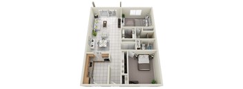 A floor plan of a two-story apartment with a kitchen, living room, and bedrooms.