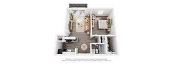a 1 bedroom floorplan is shown in this rendering