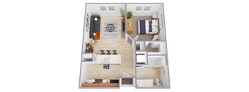 A top-down view of a small apartment with a living area, kitchen, and bedroom.