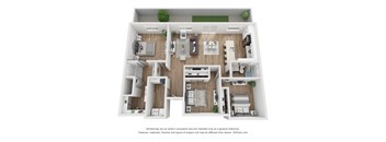 A 3D floor plan of a house with a living room, kitchen, and two bedrooms.