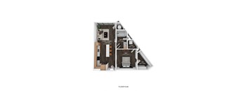 A floor plan of a small apartment with a living room, dining room, kitchen, bathroom, bedroom, and WC.
