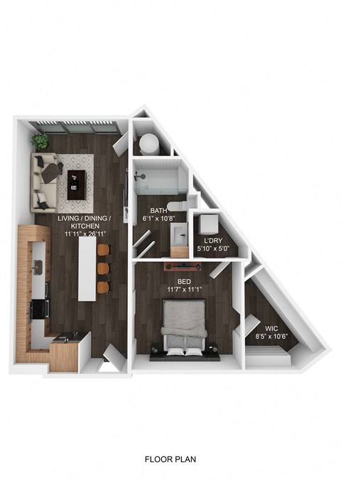 A floor plan of a small apartment with a living room, dining room, kitchen, bathroom, bedroom, and WC.