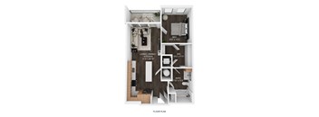 A floor plan of a small apartment with a bedroom, living room, kitchen, and bathroom.