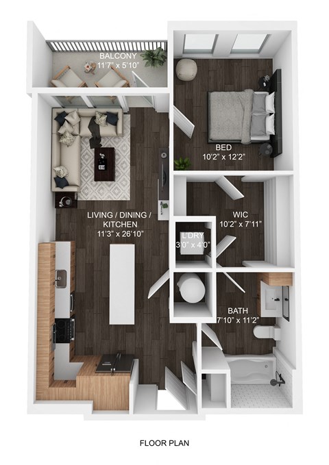 A floor plan of a small apartment with a bedroom, living room, kitchen, and bathroom.