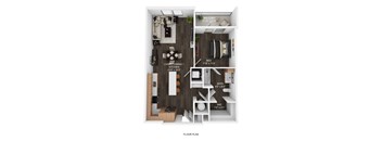 A floor plan of a small apartment with a living room, dining room, kitchen, bedroom, bathroom, and WC.