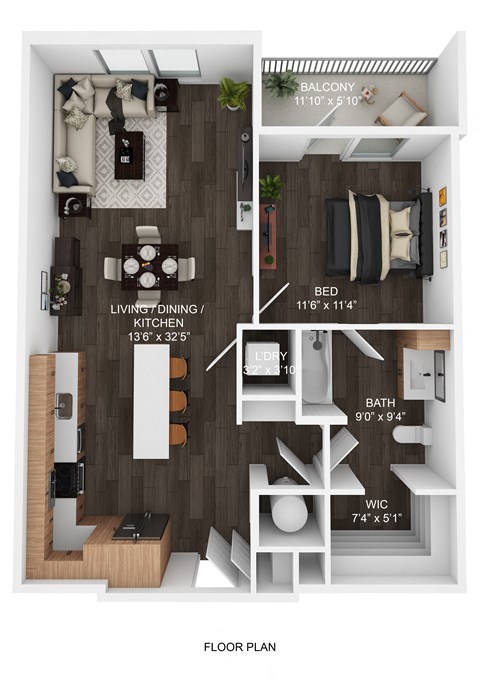 A floor plan of a small apartment with a living room, dining room, kitchen, bedroom, bathroom, and WC.