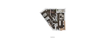A floor plan of an apartment with a bedroom, living room, kitchen, and bathroom.
