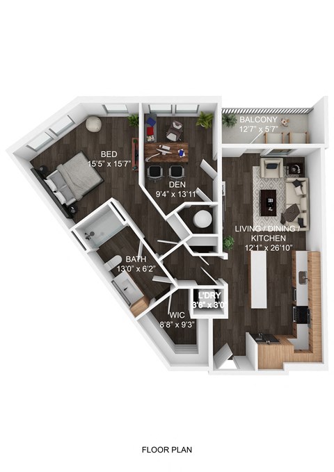 A floor plan of an apartment with a bedroom, living room, kitchen, and bathroom.