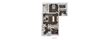 A floor plan of an apartment with a living room, kitchen, bedroom, bathroom, and laundry room.
