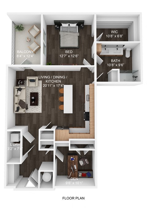 A floor plan of an apartment with a living room, kitchen, bedroom, bathroom, and laundry room.