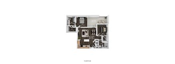 A floor plan of an apartment with a balcony, living/dining area, kitchen, and bathroom.