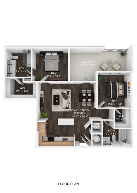 A floor plan of an apartment with a balcony, living/dining area, kitchen, and bathroom.