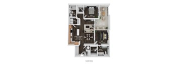 A floor plan of an apartment with a living room, kitchen, two bedrooms, and a bathroom.