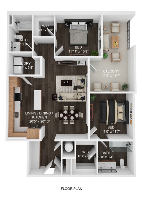 A floor plan of an apartment with a living room, kitchen, two bedrooms, and a bathroom.
