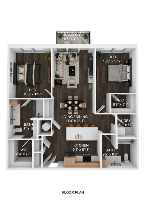 A floor plan of a one bedroom apartment with a balcony.