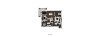 A floor plan of a small apartment with a bedroom, living room, kitchen, and bathroom.
