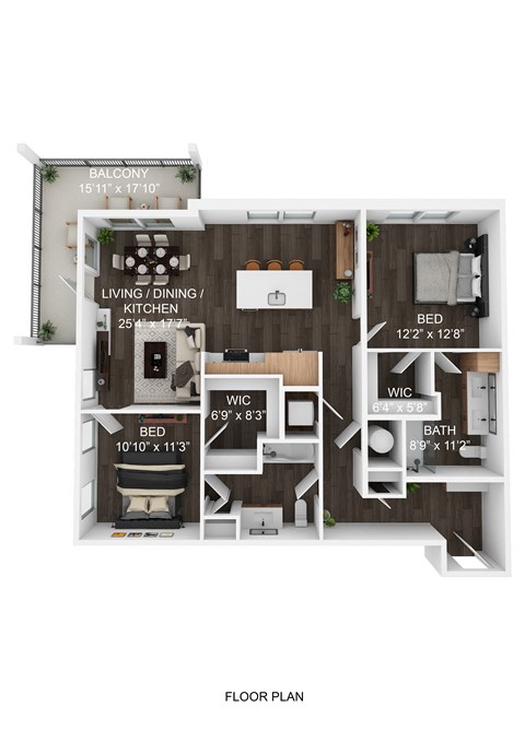 A floor plan of a small apartment with a bedroom, living room, kitchen, and bathroom.