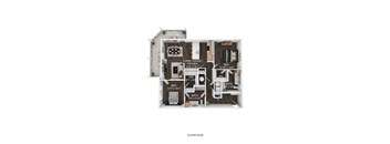 A floor plan of a small apartment with a living room, kitchen, two bedrooms, and a bathroom.