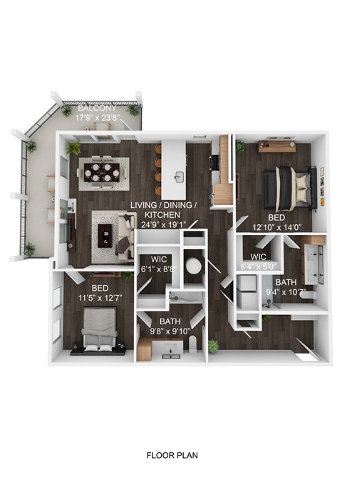 A floor plan of a small apartment with a living room, kitchen, two bedrooms, and a bathroom.