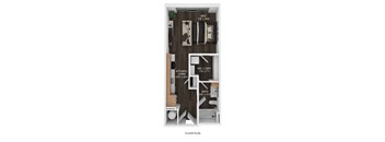 A floor plan of a small apartment with a bed, kitchen, and bath.