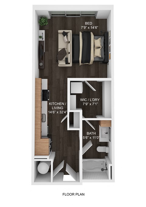 A floor plan of a small apartment with a bed, kitchen, and bath.
