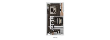 A floor plan of a small apartment with a living room, bedroom, and bathroom.