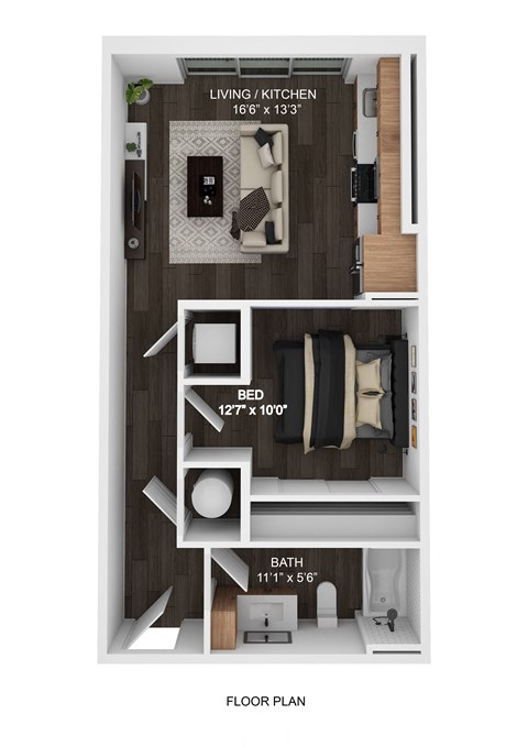 A floor plan of a small apartment with a living room, bedroom, and bathroom.
