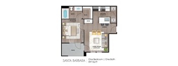 A floor plan of a one bedroom, one bath apartment in Santa Barbara.
