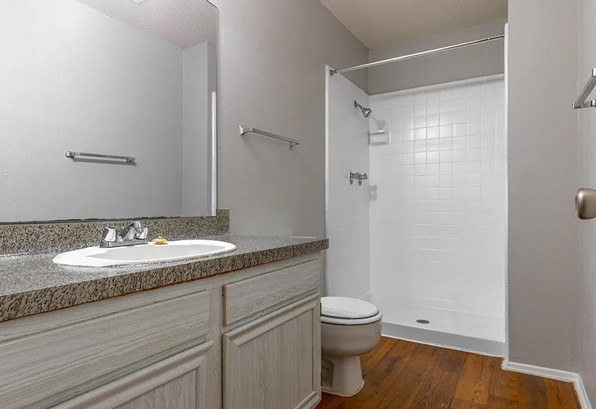 a bathroom with a sink toilet and a shower