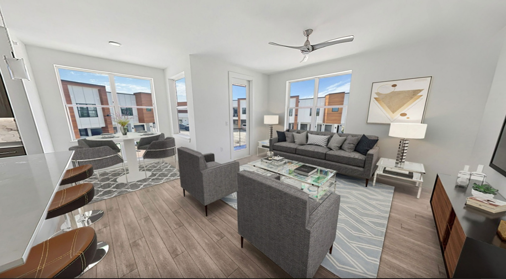 a living room with a couch and a table