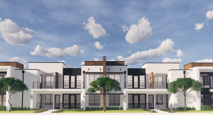 a rendering of an apartment building with trees in front of it