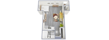 a stylized floor plan with a bedroom and a living room