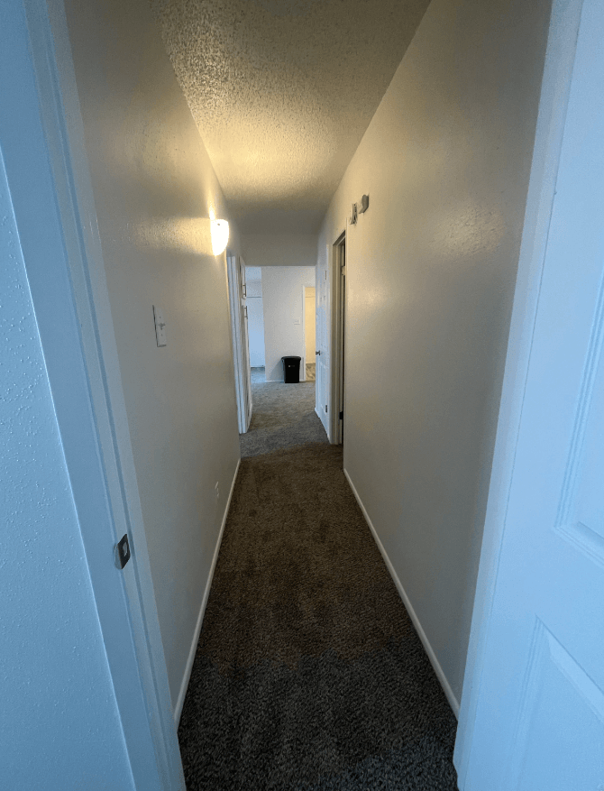 a hallway with a carpeted floor and white walls