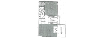 A floor plan of a house with a living room, dining room, kitchen, and bathroom.