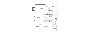 A floor plan of a house with a living room, dining room, kitchen, bedroom, patio, study, and closet.