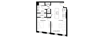 A black and white image of a floor plan for a small apartment.