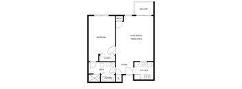 A floor plan of a home with a bedroom, bathroom, laundry, foyer, and kitchen.
