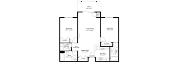 A black and white floor plan of a house with a living room, two bedrooms, a bathroom, a laundry/utility area, a dining area, a kitchen, and two closets.
