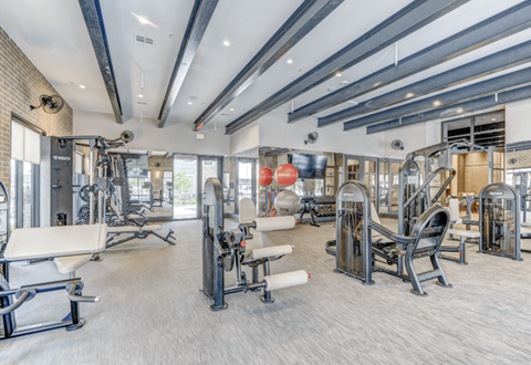 A spacious gym with a variety of equipment including treadmills, weight machines, and free weights.