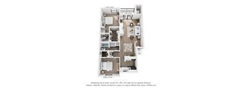 A floor plan of a small apartment with a kitchen, living room, and two bedrooms.